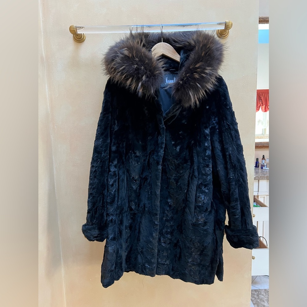 Neiman Marcus Dark Teddy Jacket with Fur Trim